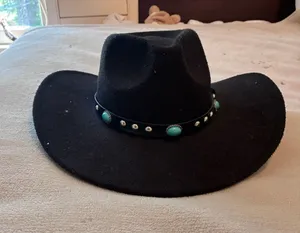 Spirit Black Western Cowboy, Cowgirl Hat, Turquoise Strap, Men Women Retro Wide Brim thumbnail 1