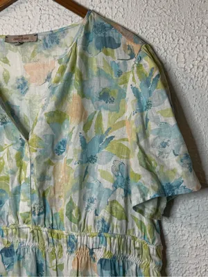 Floral V-Neck Linen Blend Cottagecore Maxi Dress in Pastel Blue & Green thumbnail 4