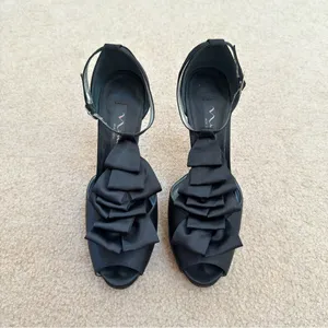 Nina Elga Black Satin Ruffle Platform Peep-Toe Stiletto Heels 7 thumbnail 6