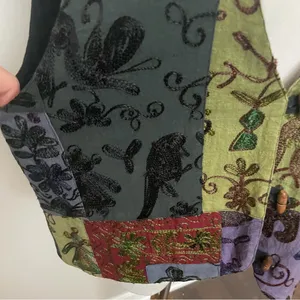 Vintage Patchwork Vest Embroidered Floral Birds Art To Wear Wood Toggle Buttons thumbnail 2