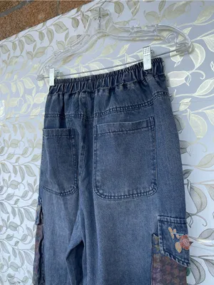 Retro Floral Embroidered Denim Cargo Jeans Antique Purplish Wash Small thumbnail 9