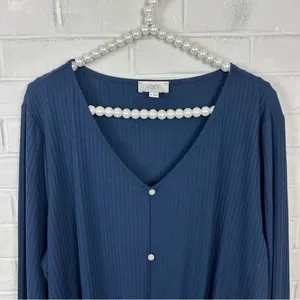 LOFT Navy Ribbed Knit Button Tie Front Long Sleeve Top Size XL thumbnail 3
