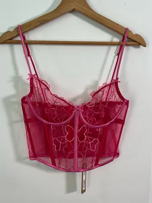 NWT SKIMS Embroidered Tulle Corset Top Size Small Hearts Pink Punch thumbnail 2