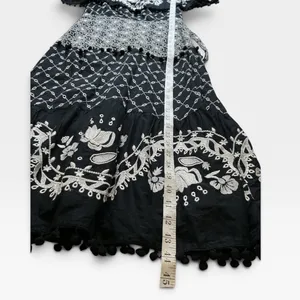 Anthropologie Black Embroidered Cotton Midi Dress Smocked Waist Pom Pom Trim 12 thumbnail 6