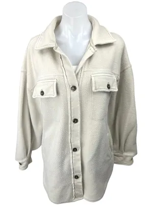 Free People Cream Sherpa Fleece Long Sleeve Button Down Shirt Jacket Size S thumbnail 1