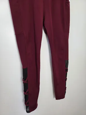 Popfit Lily Flex Leggings Maroon Burgundy Red Criss Cross Athletic Ankle Large thumbnail 3