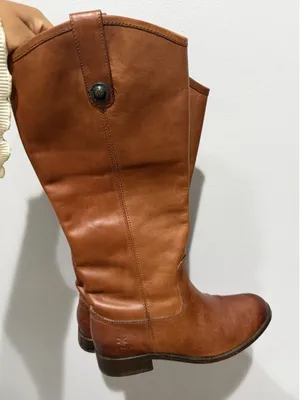Frye Melissa Cognac Brown Leather‎ Button Logo Tall Riding Boots Women's 6B READ thumbnail 1