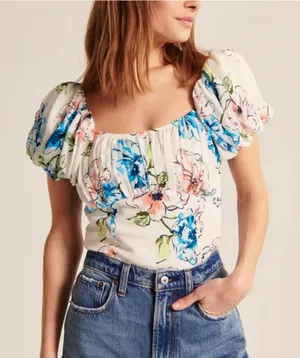Abercrombie & Fitch Ruched Puff Sleeve Scoopneck Top Size XL thumbnail 1