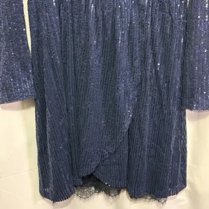 Navy Blue Sequin Wrap V-Neck Long Sleeve Lace Trim Cocktail Dress Evening Party thumbnail 6