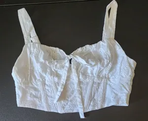 Love Tree Milkmaid 100%‎ Cotton Crop Top White Eyelet Lace Corset Tie Front L thumbnail 1