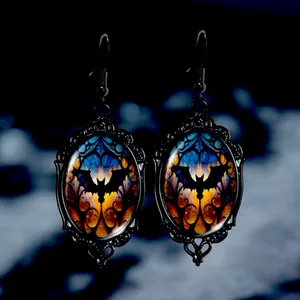 Vintage Cameo Style Gothic Bat Earrings‎ Glass Encased Alloy & Iron Hook thumbnail 7