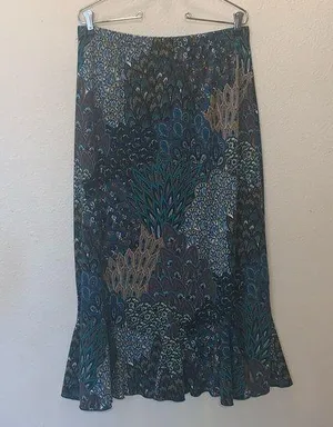 Miss Ashley Peacock Print Ruffle Bottom Stretchy Maxi Office Skirt thumbnail 1