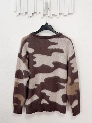 Amazon Brown Neutral Camo Print Crewneck Pullover Knit Sweater thumbnail 6