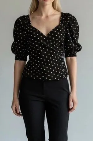 Madewell Corduroy Puff Sleeve Black Brown Polka Dot Faux Wrap V-Neck Top Medium thumbnail 1