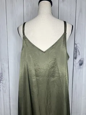 Vince Camuto Olive Green Satin Slip Maxi Dress Sz L V-Neck Strappy Sleeveless thumbnail 8