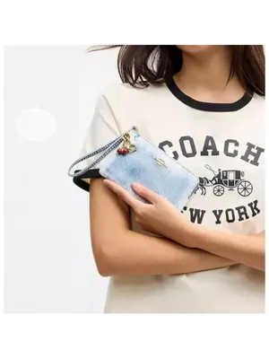NEW Coach Corner Zip Wristlet In Loved Denim With Charms NWT thumbnail 4