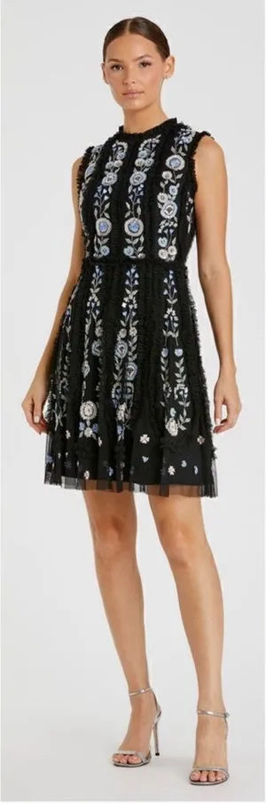 Mac Duggal 9135 Womens Black Sleeveless High Neck Embroidered Mini Dress thumbnail 1