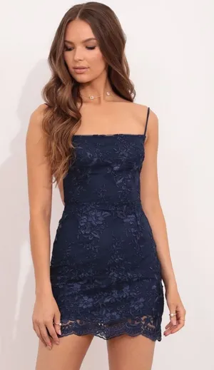 Lucy in the Sky Navy Blue Floral Mesh Open Back Mini Dress Size Large thumbnail 1