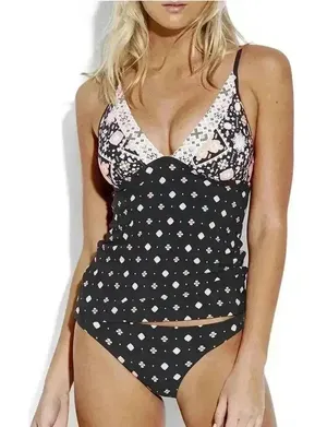 Seafolly Inka Gypsy‎ Black/Pink V-Neck Tankini, Size 6 thumbnail 1