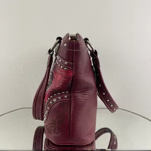 Y2K Red Burgundy Faux Tooled Leather Western Studded Shoulder Bag thumbnail 9