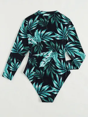SHEIN Black One-Piece Rash Guard Swimsuit with Green Tropical Leaf Print thumbnail 2