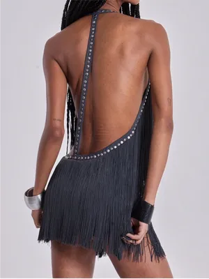 JADED LONDON Vadra Backless Fringe Mini Dress, Charcoal Grey, 4(US) thumbnail 3