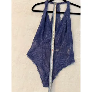 Free People‎ Blue Floral Lace Racerback Bodysuit Plunging V-Neck Lingerie Medium thumbnail 6