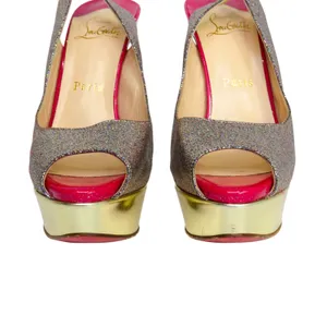 Christian Louboutin Lady Peep Slingback Glitter Pumps Platine Gold Pink Red 36.5 thumbnail 4