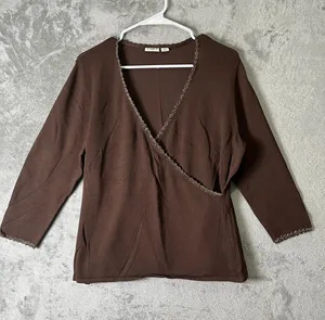 Vintage Y2K Brown Faux Wrap Top Metallic Beaded Trim 3/4 Sleeve Fairy Grunge L thumbnail 1