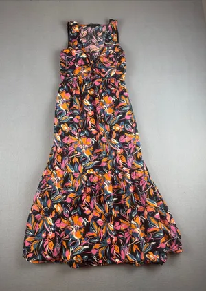 French Connection Floral Midi Dress in Black with Pink & Orange Print Size: XS thumbnail 1