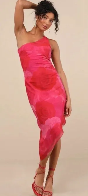 NWT Lulus Pretty Serene Pink Floral One Shoulder Asymmetrical Midi Dress - Med thumbnail 1