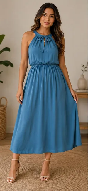 Sleeveless Teal Midi Dress with Tie Neck thumbnail 1