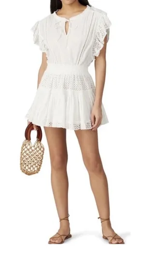 MISA Los Angeles Sarika White Eyelet Ruffle‎ Mini Dress Smocked Waist Medium thumbnail 1