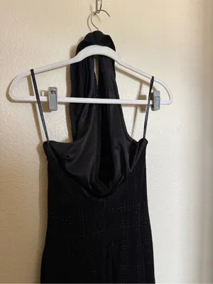 Vintage Y2K Glitter Halter neck waterfall neck midi dress sz 4 black open back thumbnail 4