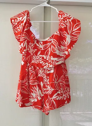 These Three Boutique Flying Tomato Orange Tropical Print Romper thumbnail 1