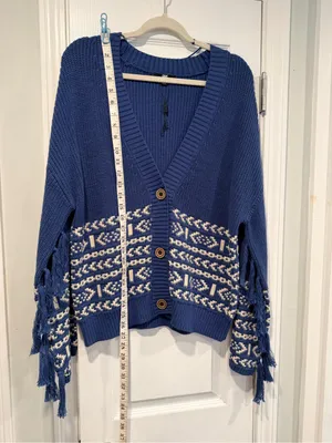 NWT FRYE Size L Blue Cream Fair Isle Fringe Cotton Button Cardigan Sweater Boho thumbnail 9