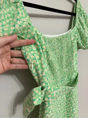 Zara Linen Blend Puff Sleeve Mini Dress in Light Green Floral Daisy Print Size S thumbnail 7