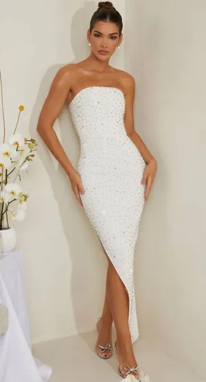 Oh Polly VIVICA Hand Embellished Asymmetric Midi Dress in White Bridal Dress thumbnail 1