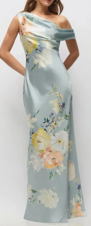 NEW After Six Liv Floral Print One-Shoulder Blue Mist Multi Gown Sz M thumbnail 1