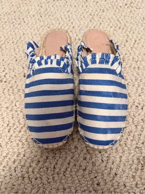 Kate Spade Laila Blue White Striped Espadrille Mule Slides Ruffle Trim Size‎ 7.5 thumbnail 2