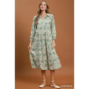 Umgee Linen Botanical Print Tiered Midi Dress - Palm Green - Small thumbnail 4