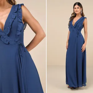 LULU's Elegant Prom Wedding Bridesmaid Elegant Romantic Ruffles Wrap Maxi thumbnail 3