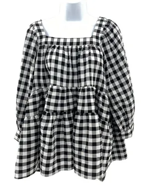 Entro Black and Off White‎ Gingham Print Woven Top NWT Small Checker 3/4 Sleeve thumbnail 1