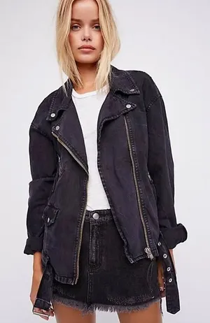 Free People Denim Oversized Rebel Motorcycle Jacket streetwear punk grunge M thumbnail 1