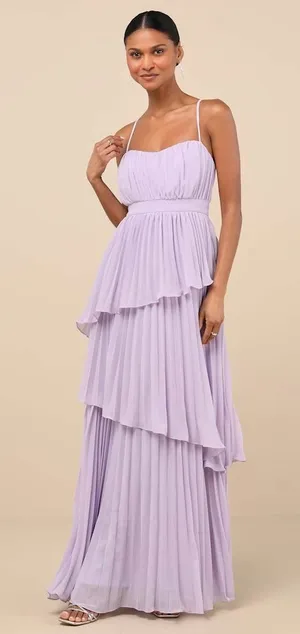 NWT Lulus Jehona Lavender Pleated Tiered Maxi Dress Bridesmaid Holiday Gala Sz M thumbnail 1