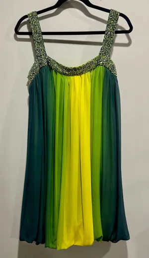 Morrell Maxie Y2K Silk Ombre Bubble Hem Beaded Dress Green Yellow Size 8 thumbnail 1