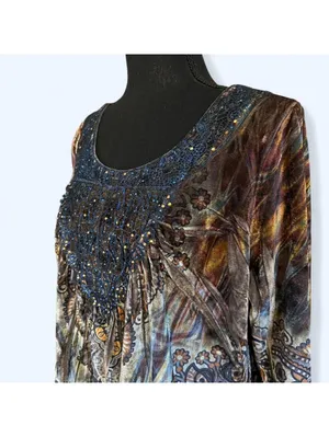 Vintage boho fairy velvet paisley rhinestone tunic top Size Medium 💗 thumbnail 5