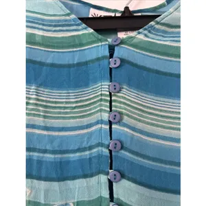 Phool Womens Blue Green Floral Stripe Sheer Tunic & Wide Leg Pant Set Rayon LG‎ thumbnail 4