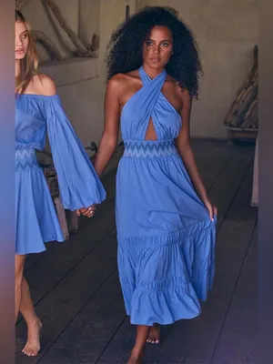 Misa Karolina Dress Blue Halter Smocked Fit & Flare Poplin Midi‎ Dress Size XS thumbnail 3