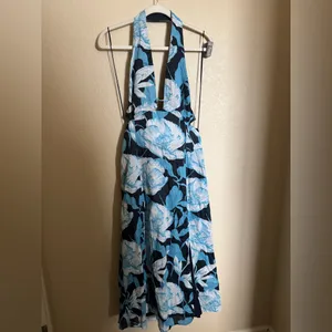 Reiss Kaia Linen Halter Neck Midi Dress‎ Size 6 Black Blue Keyhole Vacation thumbnail 2